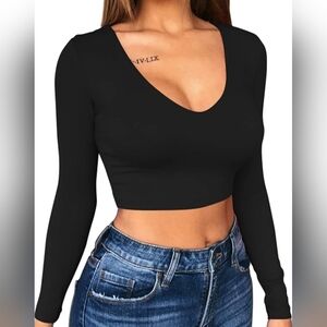 Black Scoop V-Neck Long Sleeve Crop Top Sexy Bodycon Basic, Women's Medium